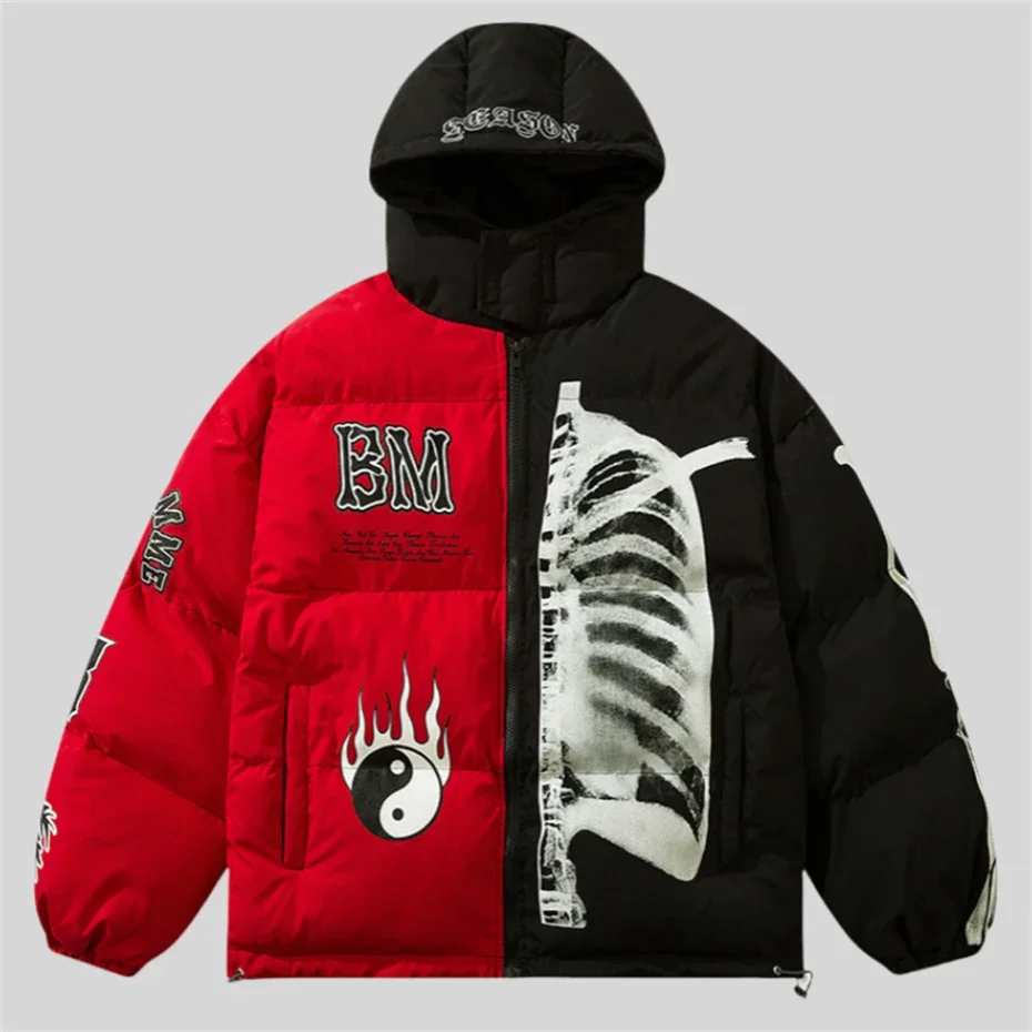 Winter Skeleton Star Parka Männer Dick Gepolsterte Jacke Mantel Männer Retro Übergroßen Hip Hop Streetwear Zip Up Tai Chi Patchwork Jacken