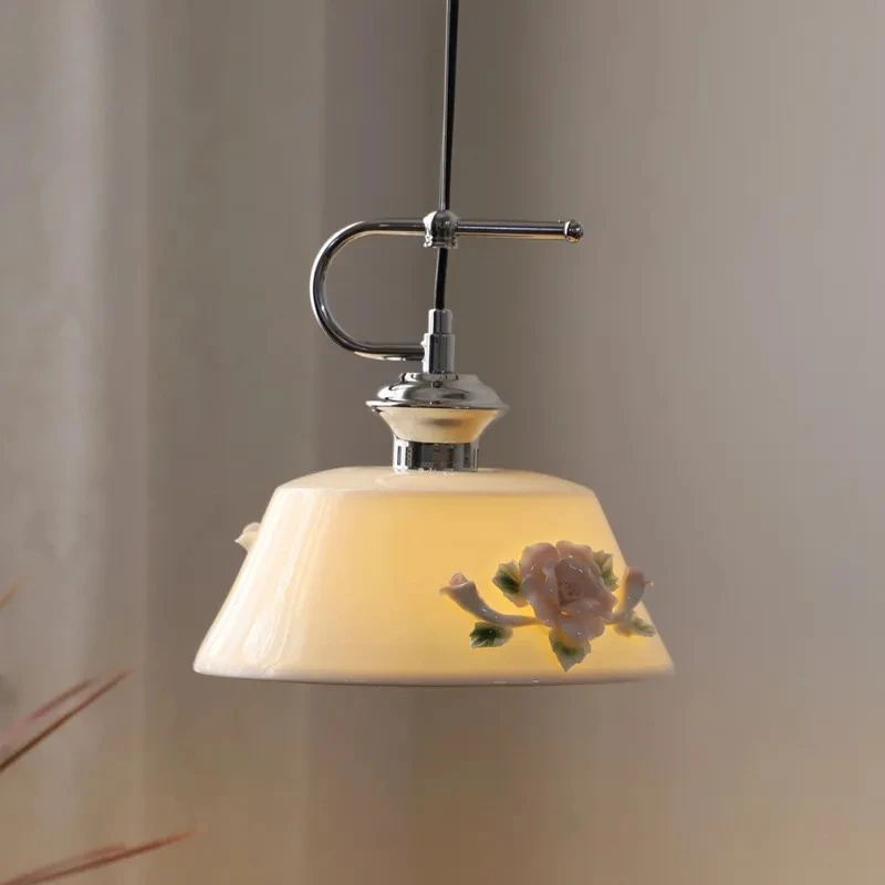 French Handmade Pinched Flower Ceramic Pendant Lights Vintage Style Led Chandeliers Bedroom Bedside Small Hanging Lamps Home Use