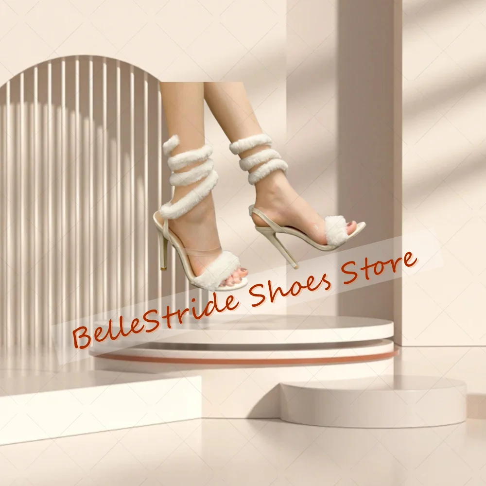 

White Fur Decor Open Toe Sandals Round Toe Sexy Women Shoes Stilettos High Heels Party Banquet Dating 2025 Zapatos Para Mujere