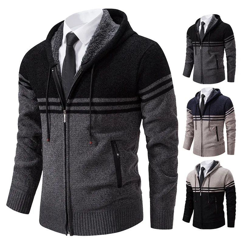 

Knitted cardigan men's sweater outerwear color contrast stitching sweater men's autumn and winter 2023 new hooded plush thickeni