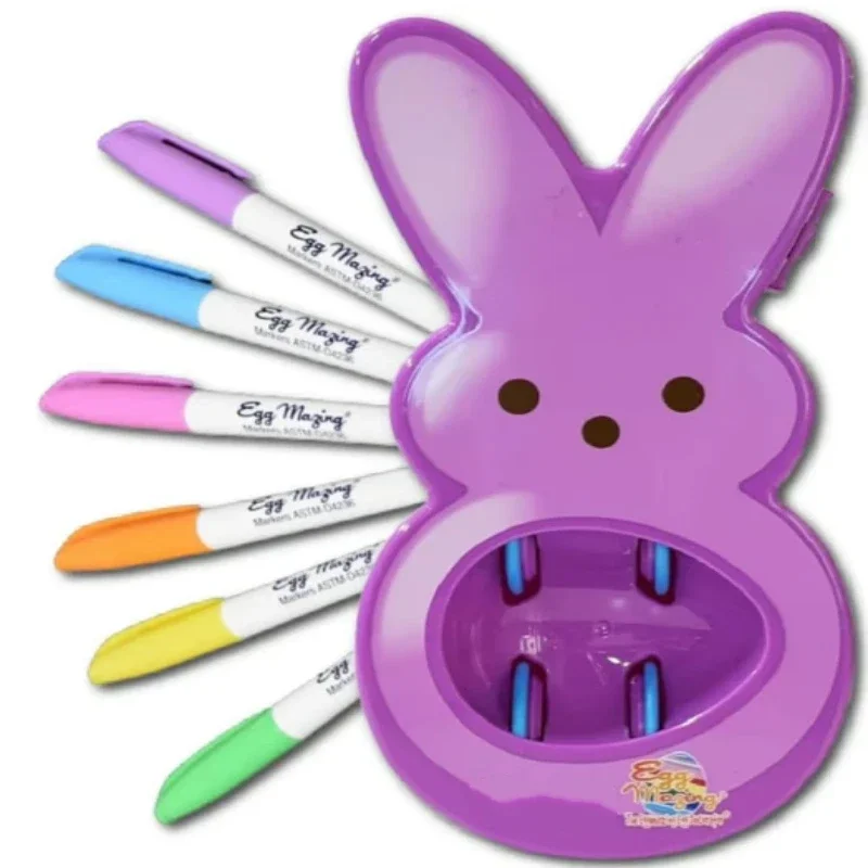 Easter Bunny Egg Decorating Set-Kid-Friendly DIY Creative Set with 6 Colored Markers Marshmallow Shaped Egg Holder And Gift Box