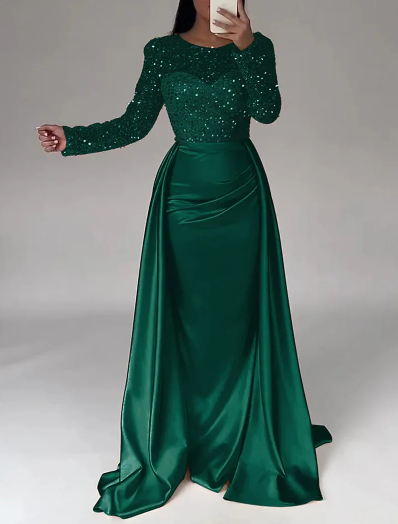 2026 Elegant Evening Dresses Women's Chic Sequin Splice O-neck Long Sleeve Pleated Maxi Dress Sexy High Waist Slim Banquet Gowns