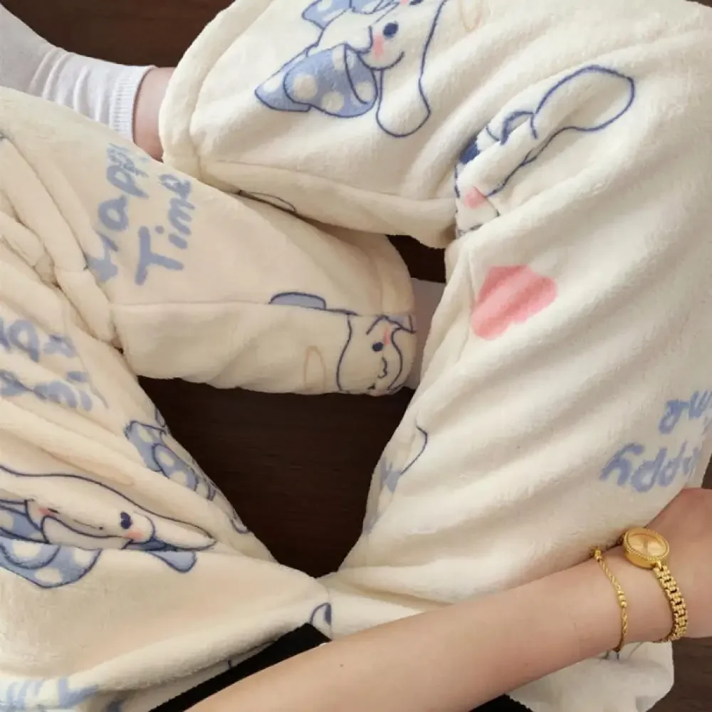 Sanrios Hello Kitty Kuromi Plush Pajama Pants Anime Kawaii Hangyodon Winter Warm Home Clothes Thicken Trousers Cute Loose Soft