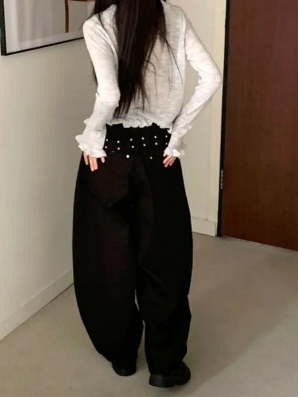Retro Studs Rivet Back Waist Belt Design Loose Wide Leg Jeans Korean Style Women's Casual Trousers for All Seasons