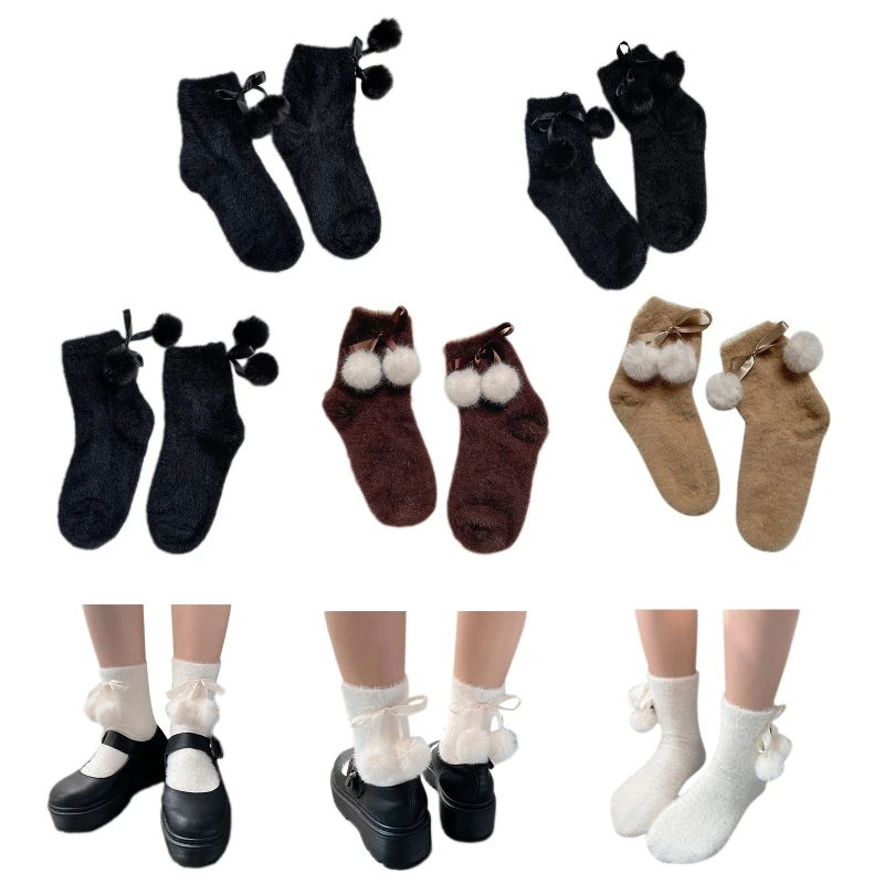 Women Girls Furry Short Socks Sweet Ribbon Hair Ball Bow Solid Winter Fuzzy Plush Christmas Drop Shipping