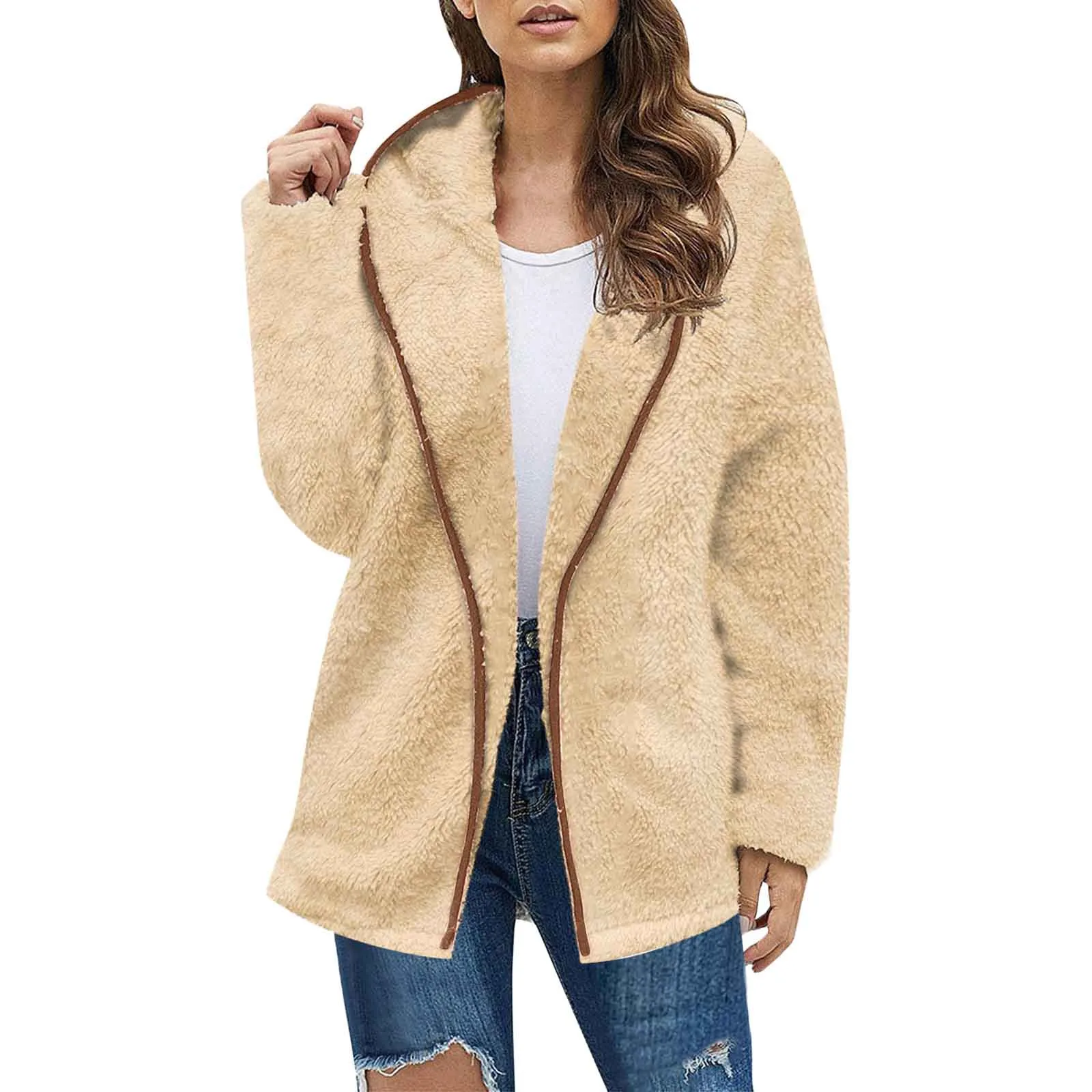 Women\'s Solid Color Long-sleeved Cardigans Fleece Loose and Warm Mid-length Plush Windbreaker Lamb Wool Coat Fleece Jacket