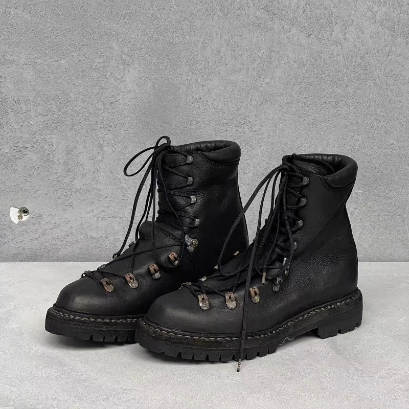 

Vintage Men's Genuine Leather Motorcycle Boots Mountaineering Shoes Lace-Up Metal Outdoor Western Hiking Boots