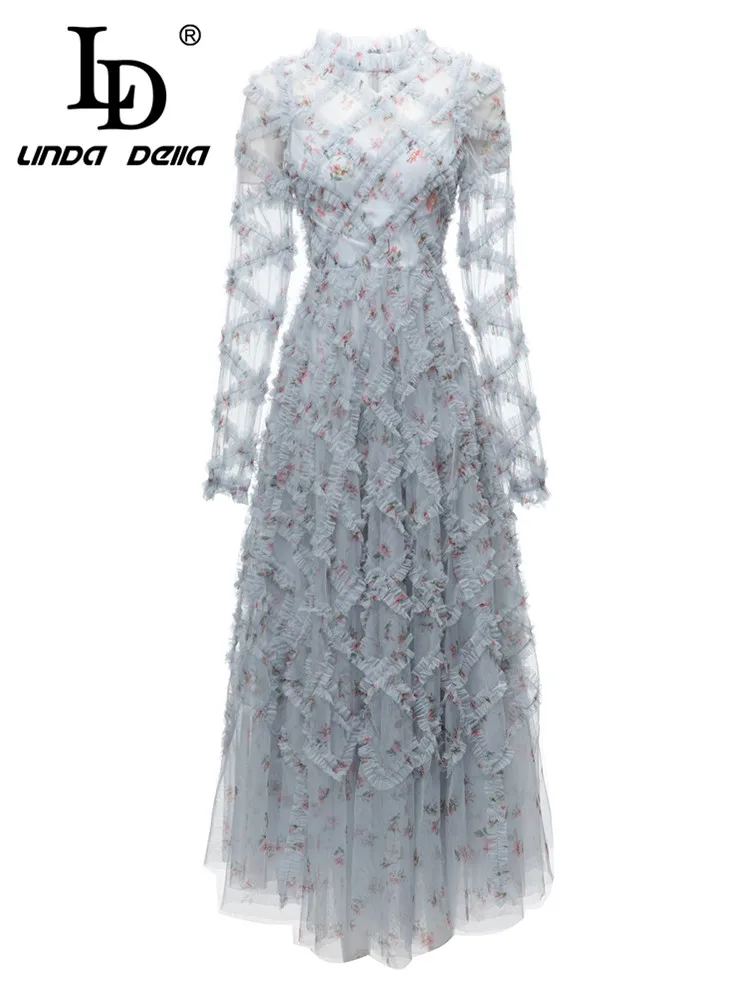 

LD LINDA DELLA 2023 Summer Runway Designer Casual Dress Women's Round Neck Plaid Print Splice Lace Chiffon Long Dress