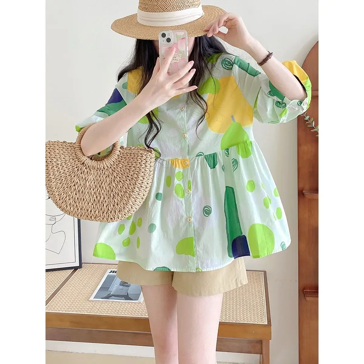 Harajpoo Fashion Doll Top Women Summer 2024 New Harajuku Style Round Neck Colorful Dot Graffiti Lantern Sleeve Blouse