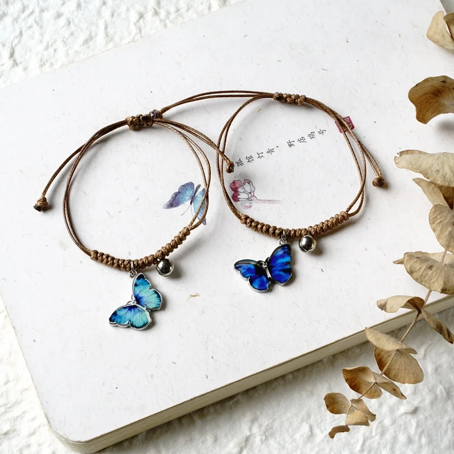 Trendy Couple Blue Butterfly Bracelet for Women Niche Chic Braided Bell Pendant Adjustable Bracelet Simple Couple Jewelry Gifts