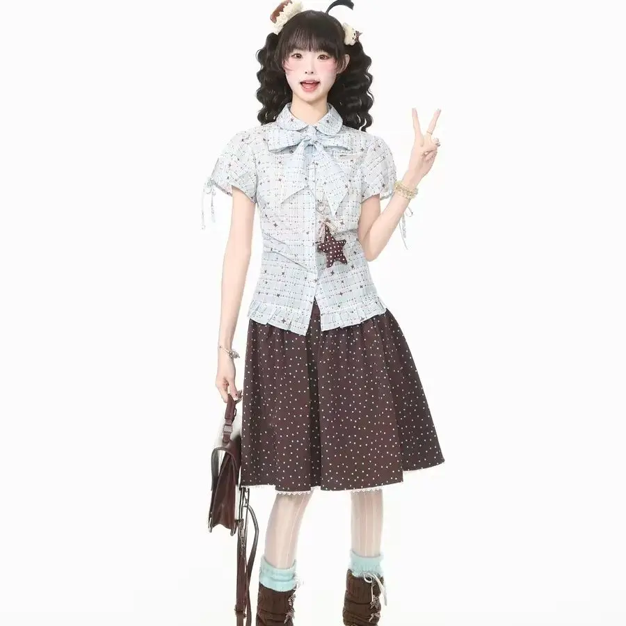 Kimotimo Japanese Lolita Plaid Print Short Sleeve Shirt Women Summer Lapel Bow Bandage Slim Button Blouse Sweet Ruffle Crop Top