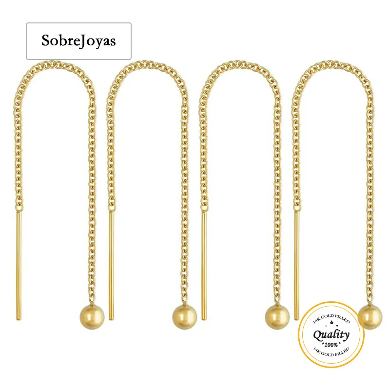 Threader Cable  14K Gold Filled Flat Cable Chain Ear Threader w/3mm Bead 4.6/7.8cm Total Length Earring Post Wholesale Findings