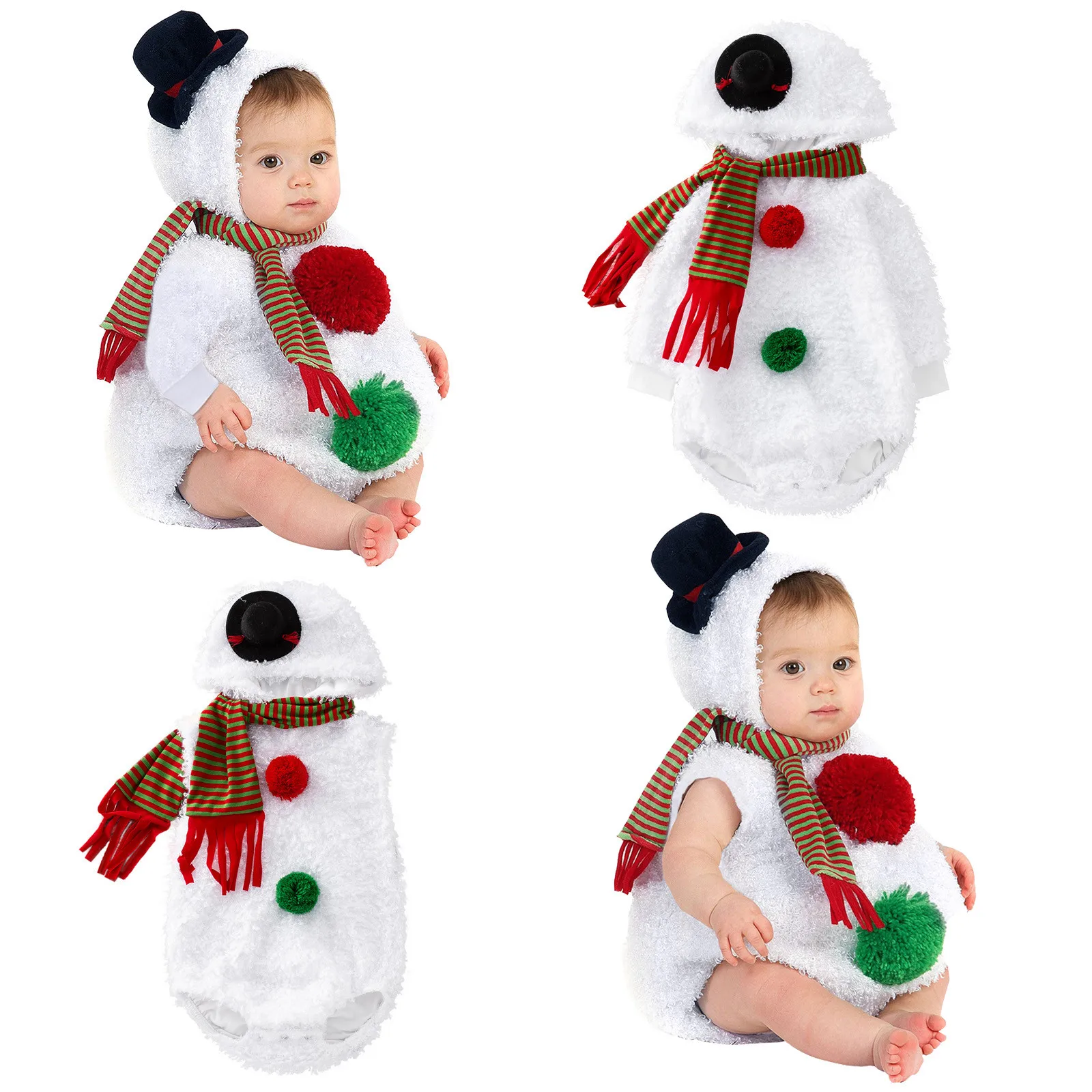 2024 winter Infant Baby Boys Girls Long Sleeve Christmas Xmas Cosplay Costume Snowman Fleece Hoodie Romper Jumpsuit+Scarf Set