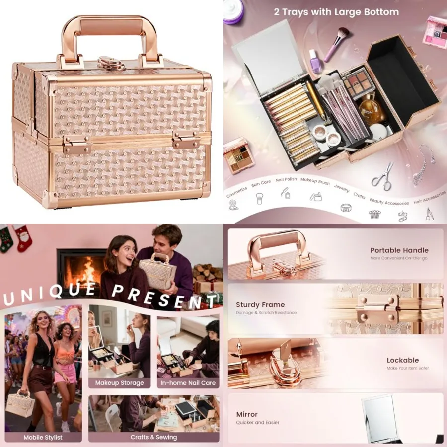 

Beauty Makeup Train Case for Lady Portable Cosmetic Box Jewelry Organizer Lockable with Keys and Mirror 2-Tier Trays Carrying w