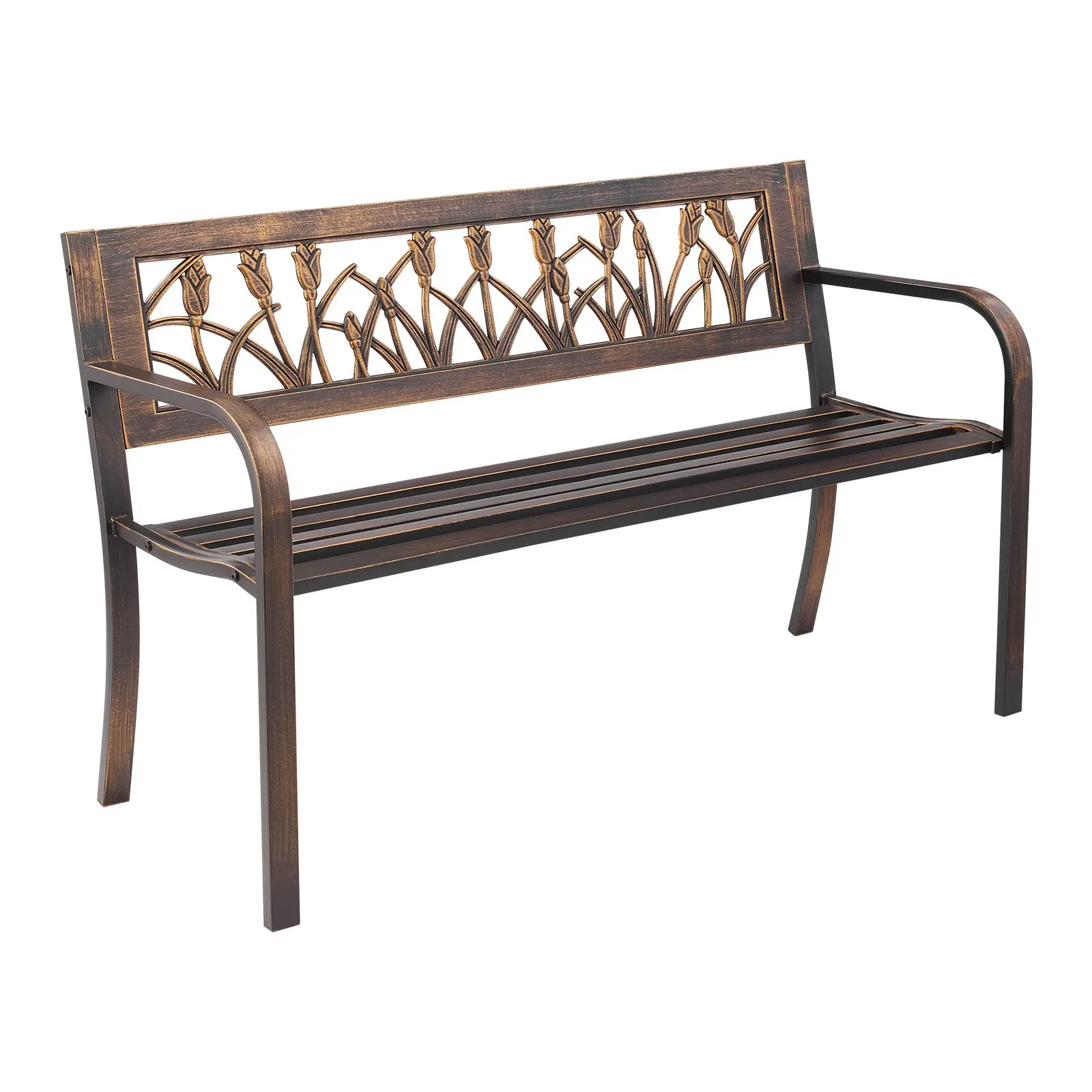 Outdoor Bench, 50 Inch, Carbon Steel Metal Frame With PVC Floral Pattern Backrest And Round Edge Armrests, Weatherproof Outside