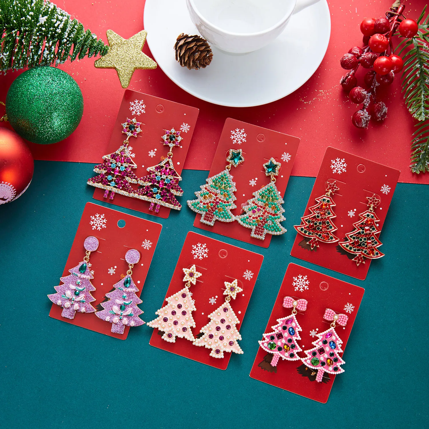 Luxuriöse Rosa Zirkon Weihnachtsbaum-Ohrhänger für Damen Niedliche Stern-Imitationsperlen-Ohrringe Ästhetischer Neujahrs-Schmuck – Detail 5