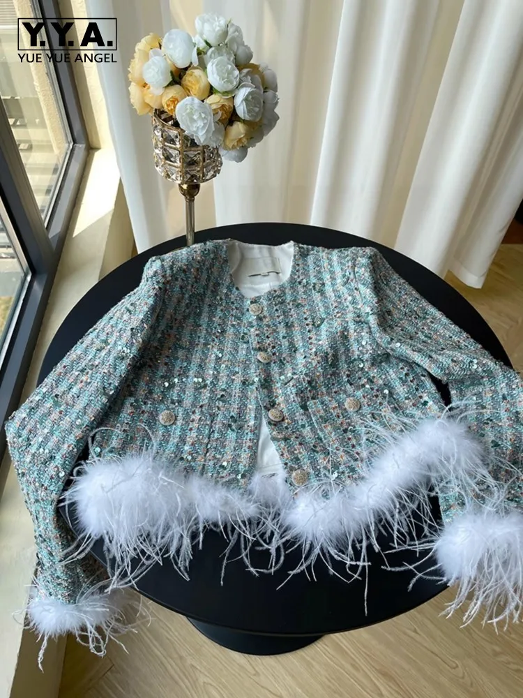Party Fashion Women Feather Tassel Elegant Tweed Jacket Long Sleeve Single Breasted Beading Sequined Office Ladies Short Coat