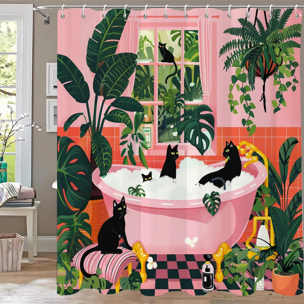 1 piece of Nordic Plant style, Bath Black Cat Printed Shower Curtain, Decorative Bathroom Curtain,Home Curtain with Hooks