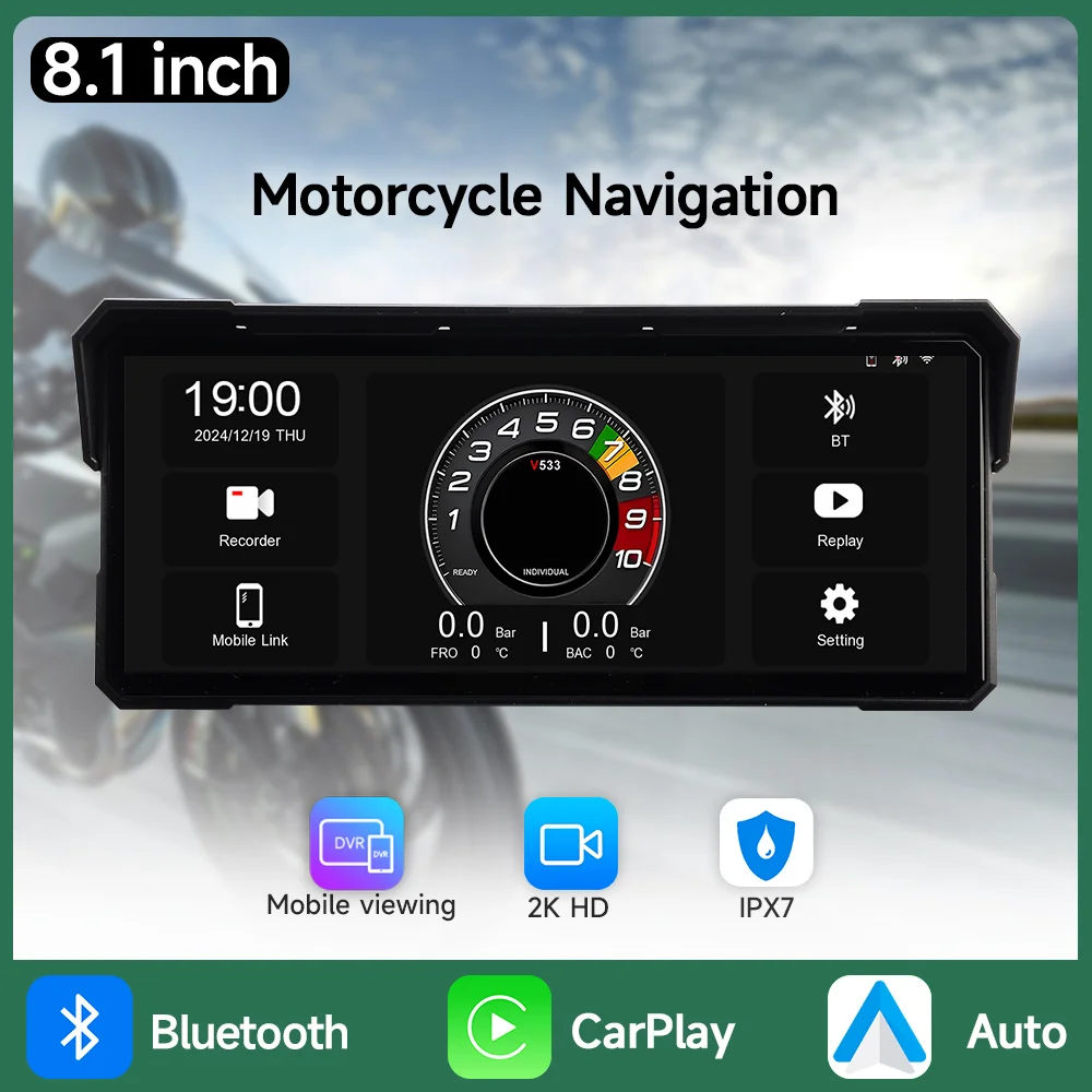 8.1'' Motorcycle Multimedia Player Wireless CarPlay Android Auto 2K HD Recorder GPS Navigation IPX8 Waterproof Screen Bluetooth