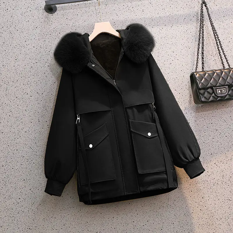 2025 New Winter Coats Women Warm Parkas Long Sleeve Tops Casual Fur Hooded Cotton Padded Jackets Black Outerwear Female