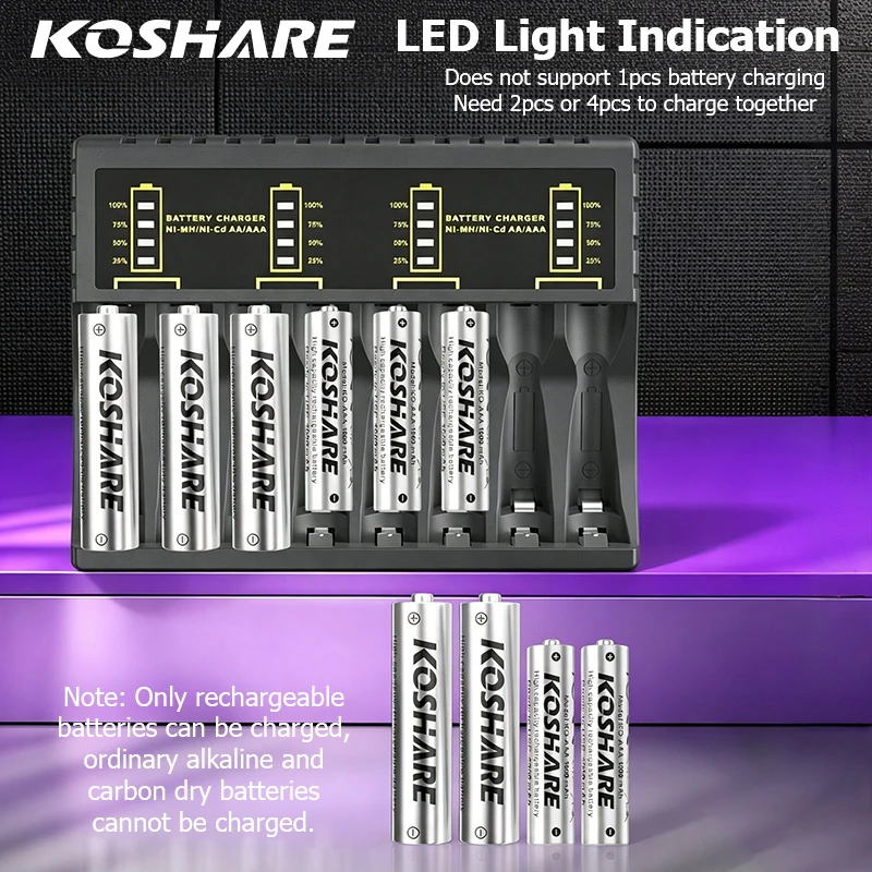 Batteries rechargeables Ni-MH KOSHARE 1,2 V AA/AAA 2800 mAh 1000 mAh avec chargeur de batterie intelligent LED à 8 emplacements, charge rapide indépendante