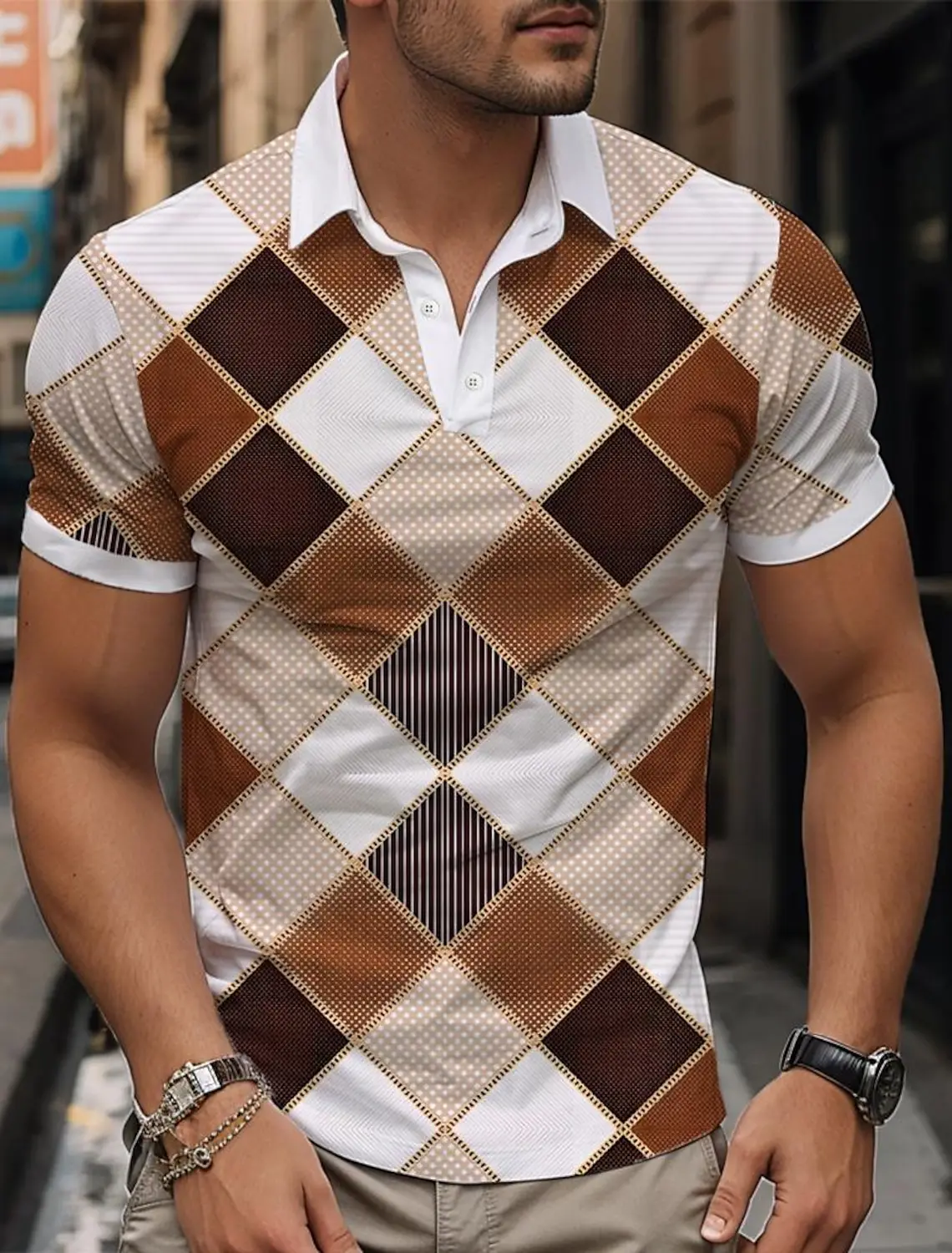 Men Plaid Sportswear 3D Print Polo Shirt Formal Streetwear Short Sleeve Cuffed Spring And Summer Micro Stretch Lapel Polo Shirts