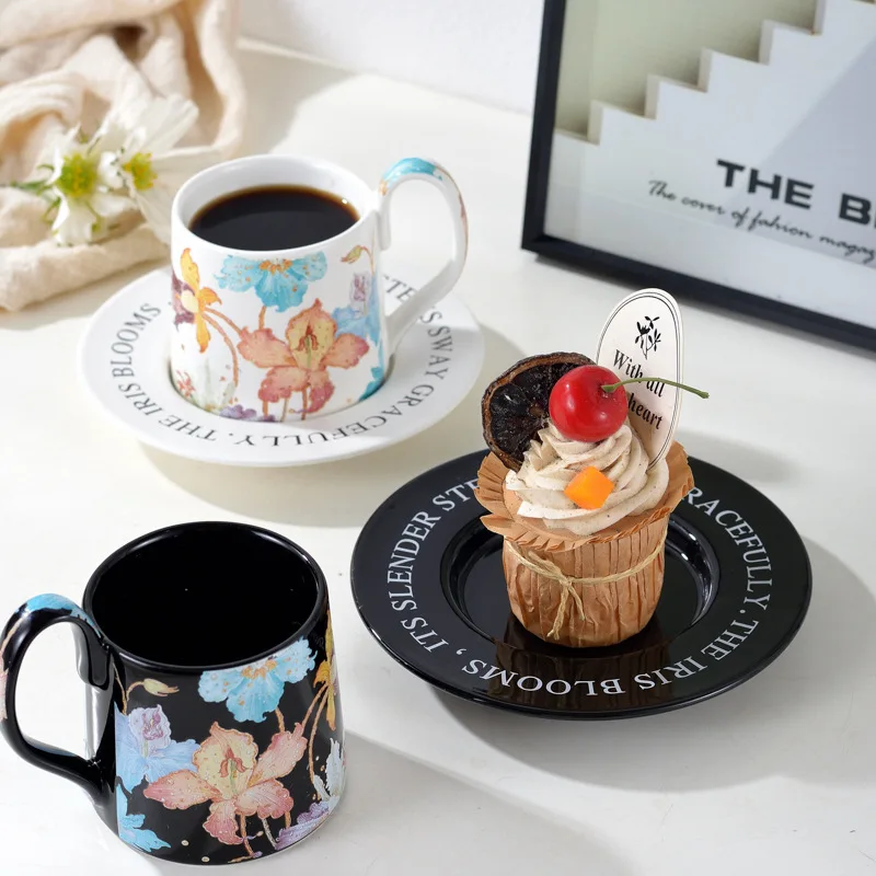 Vintage Iris Coffee Cup Plate Set Afternoon Tea Cup Household Ceramic Mug Gift Mugs Coffee Cups