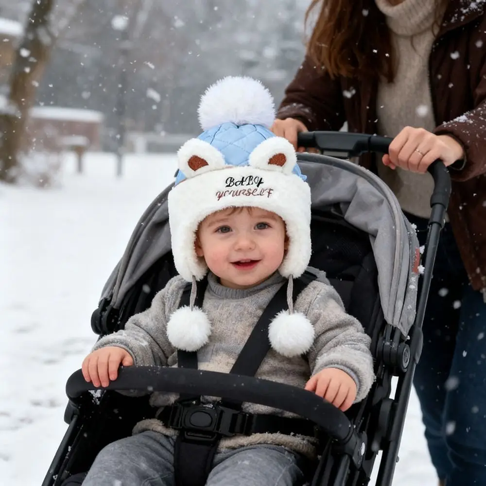 Nieuwe warme winterbabymuts met bont gevoerde winddichte oorbeschermingshoeden met baloorflap