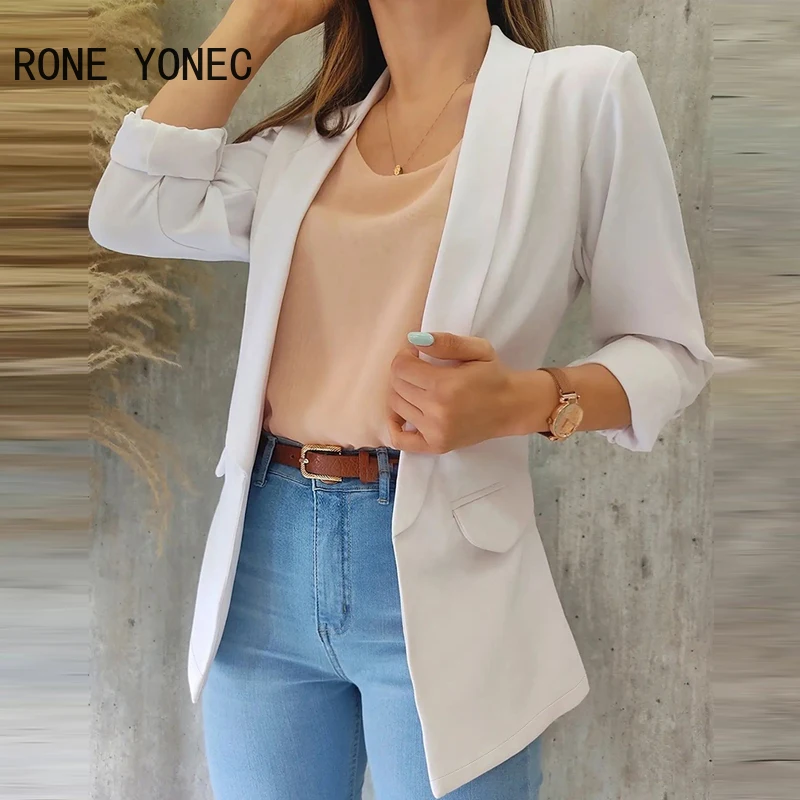 Women Solid Open Stitch Long Sleeves Fake Pocket Working Blazer Jackets