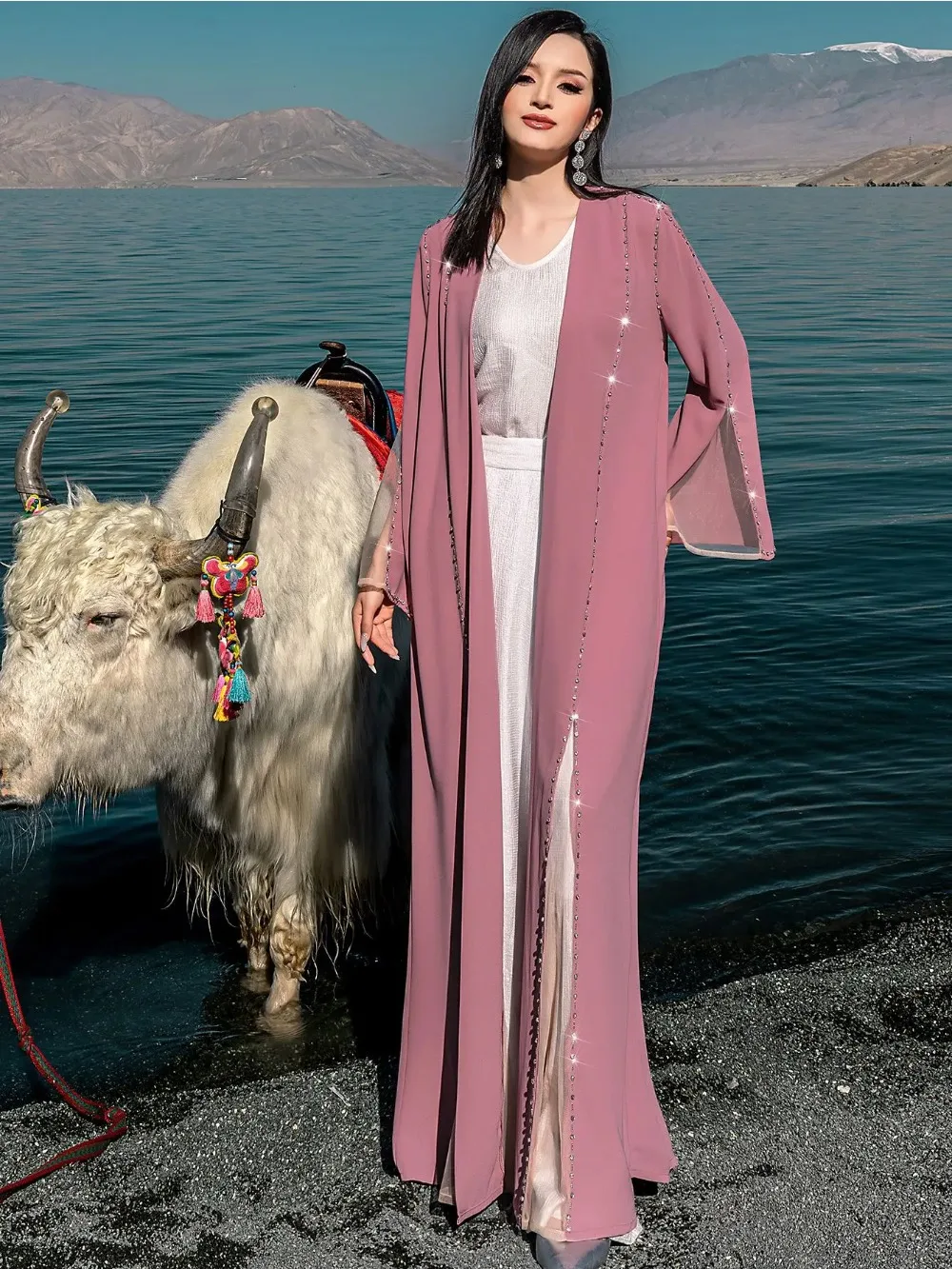 Elegant Beading Abaya Women Cardigan Long Robe Ramadan Morocco Dubai Abayas Kaftan Islam Eid Muslim Vestidos Jalabiya Dresses