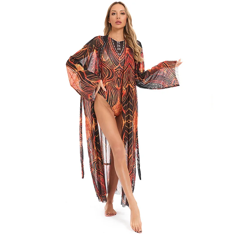 One Piece Cover Up Beach ชุดกิโมโนสําหรับสตรีชุดว่ายน้ํา Wrap Dresses ชุดว่ายน้ําริมทะเล Beachwear (ไม่รวมชุดว่ายน้ํา)