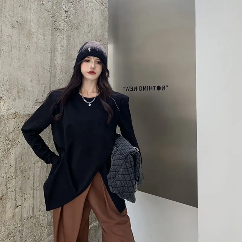 

Long Sleeve Slit Hem Loose Lazy Style Tops Spring Autumn Solid Simplicity Street Casual T Shirts Fashion Korean Women Clothing