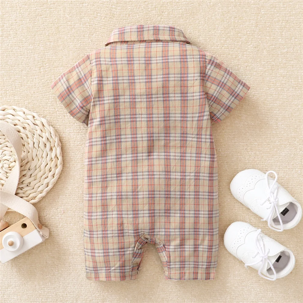 Infant Baby Boy Gentleman Bodysuit Turn-Down Collar Short Sleeve Plaid Romper Summer Fashion Jumpsuit Party Clothing for 0-18 M