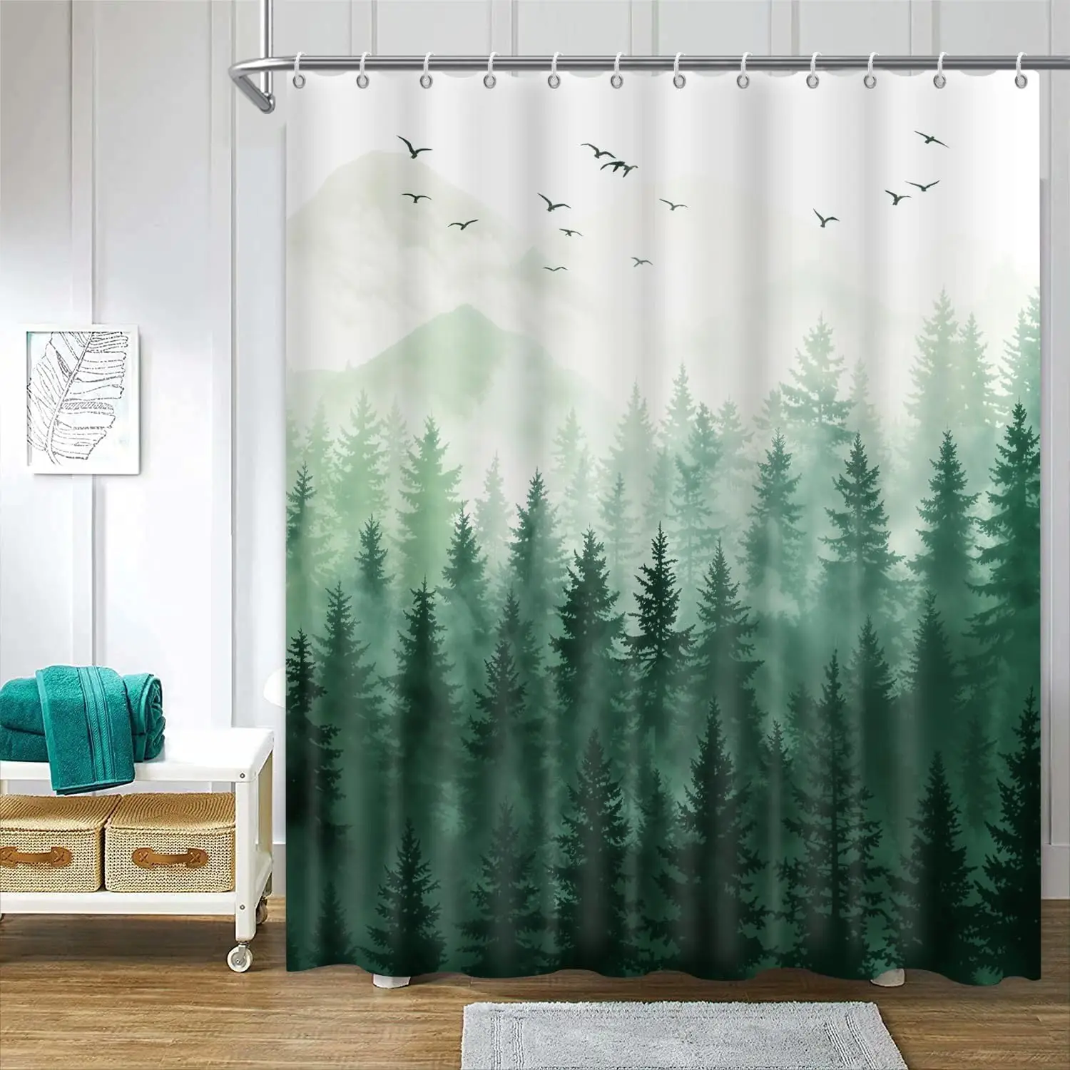 

Занавеска для душа с изображением зеленых лесных птиц, декоративная занавеска для ванной комнаты с пейзажным рисунком, вдохновленная природой, для дома