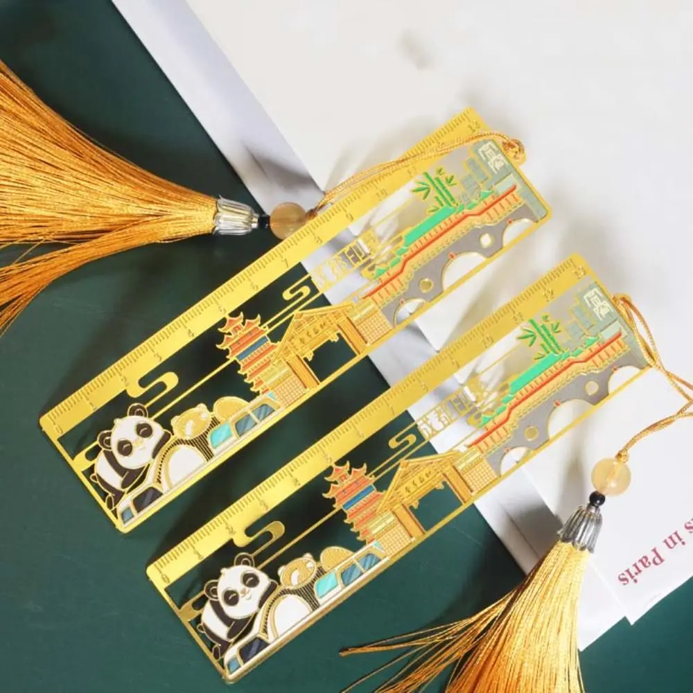 Retro Tassel Chinese Style Bookmark Floral Panda Ruler Bookmarks Ethnic Style Book Holder Metal Hollow Bookmarks Student Gifts