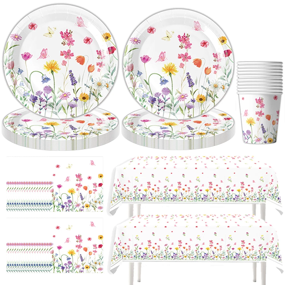 Wildflower Pattern Disposable Tableware Children's Day Mother's Spring Flower Plate Cup Napkin Happy Birthday Party Decor