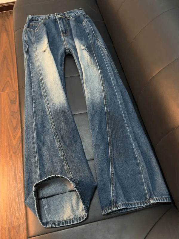 

Мужские джинсы-клеш в стиле ретро, синие, с эффектом потертости и дырками, широкие, американского кроя, износостойкие, свободного кроя