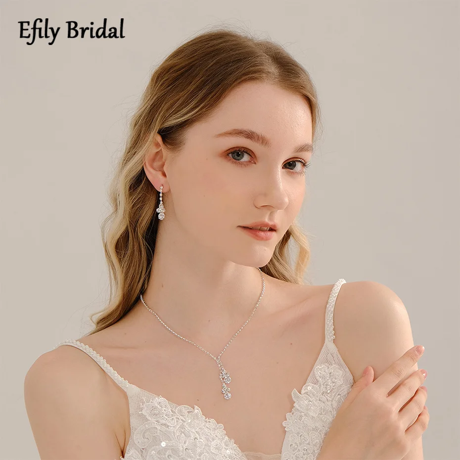 Efily Luxury Rhinestone Bridal Jewelry Sets for Women Wedding Accessories Silver Color Crystal Necklace and Earrings Set Gift