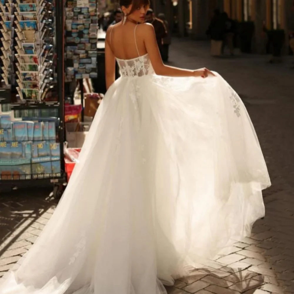 Vestidos de casamento modernos personalizados uma linha querida tule apliques vestido de noiva alças espaguete sem costas vestidos novia