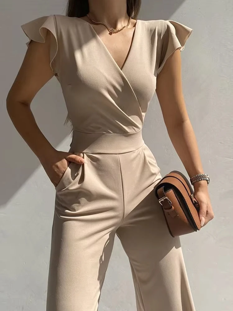 

Ruffled Fashion Short Sleeve Solid Long Playsuit Women Casual High Waist Slim Office Rompers Sexy V-neck Summer Simple Jumpsuit