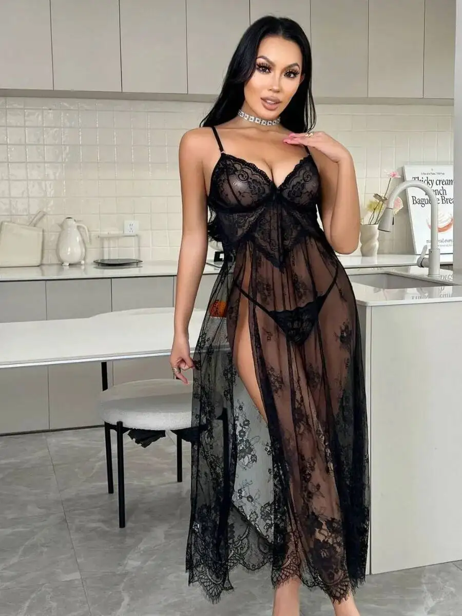 Nuevo vestido Sexy de malla de encaje transparente elegante vestido de pijama con bordado de flores sin espalda tirantes en V profundo vestido sin mangas encantador H0CM