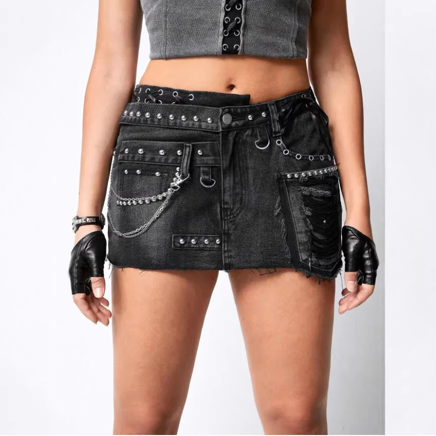 2026 Summer Black Retro Denim Skirt Women Fitted Bow Rhinestone Washed Short Skirt Trendy Slim Casual Fashion Ladies Daily