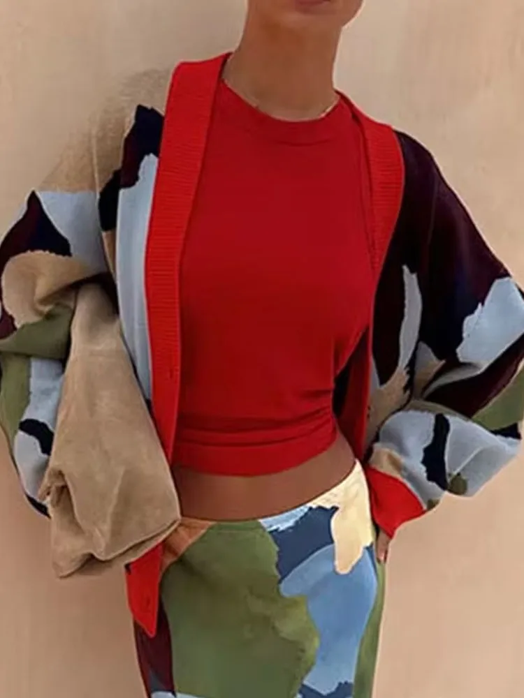 

2025 модные зимние куртки с узором и принтом, сексуальный однобортный кардиган с v-образным вырезом, осенний повседневный свободный вязаный топ с длинными рукавами