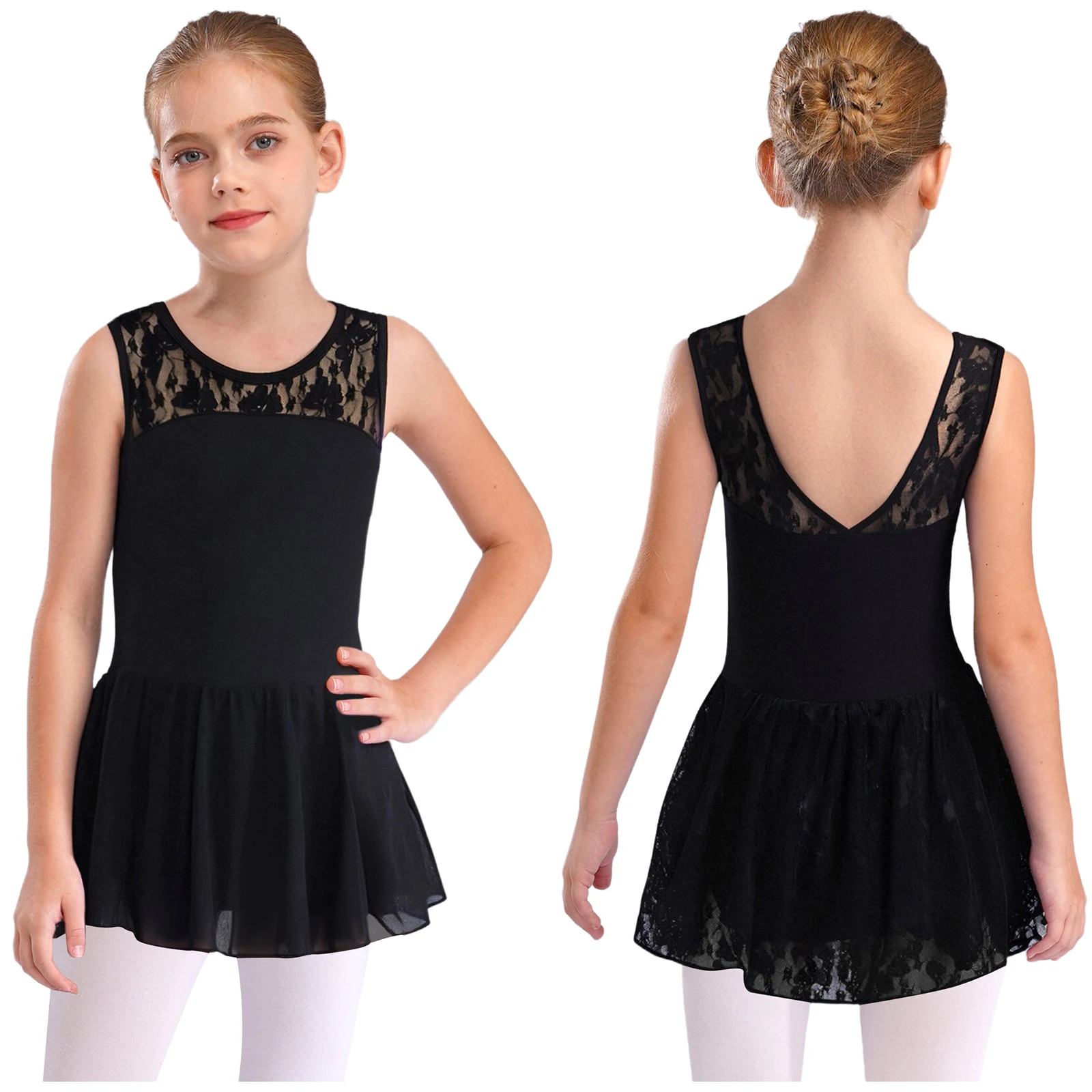 エレガントなキッズガールノースリーブ V バック花柄レースパッチワークダンスドレスバレエ練習パフォーマンス競技衣装パーティー着用