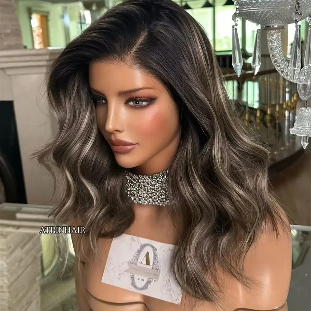 Preplucked Hairline Ombre Dark Brown Highlight Lace Front Wig for Women Heat Resistant High Quality Fiber Wig Blended Human Hair