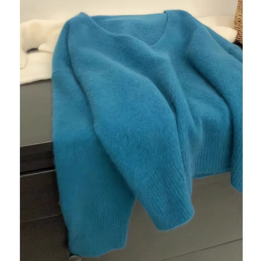 UMI MAO suave y acogedor azul pavo real con cuello en V ropa interior de punto para mujer suéter grueso suelto perezoso Jersey Top corto Tops de moda de otoño