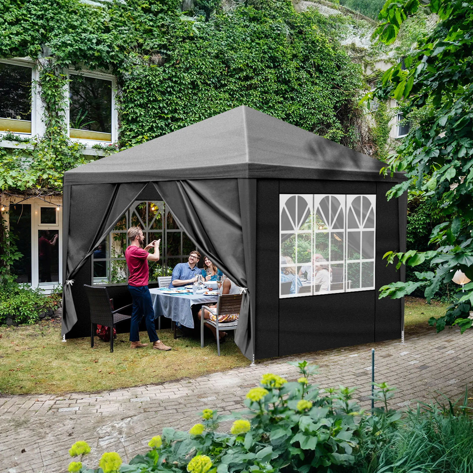 1010ft Black Outdoor Canopy Gazebo with 4 Removable Side Panels, 2 Zipper Doors and 2 Mesh Windows, Heavy Duty PE Cloth, Powder Coated Iron Pipes for Backyard Party Camping