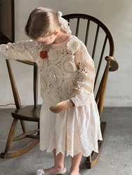 MILANCEL Korean Girls' Knitted Sweater Floral Hollowed out O-neck Top Kid's Pullover Spring/Summer Children's Clothing 3-8Y