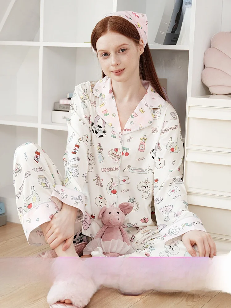 RooMance Ice Silk Sleepwear Women's Style Summer Outdoor Wearable Home Clothes Set Sweet Cute Printed Loose Fit Long Sleeve