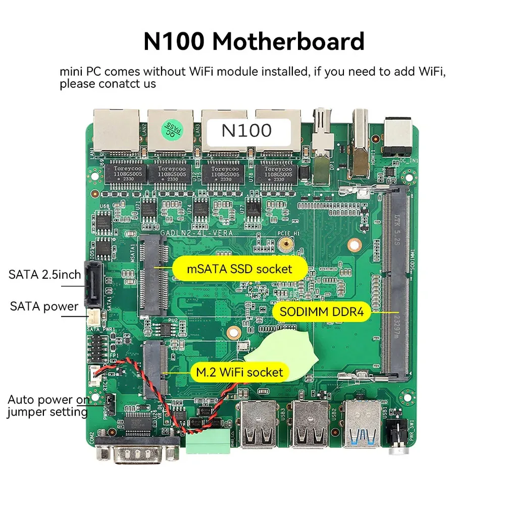 Helorpc 4LAN Industrial Mini PC with Intel 12th Gen N100 with 2xUSB3.0 4xUSB2.0 Support WIN10 LINUX WIFI BT RS232/485 Computer